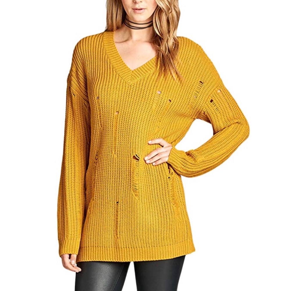 Mustard V Neck Distressed Ripped Knit Sweater - Picture 2 of 4
